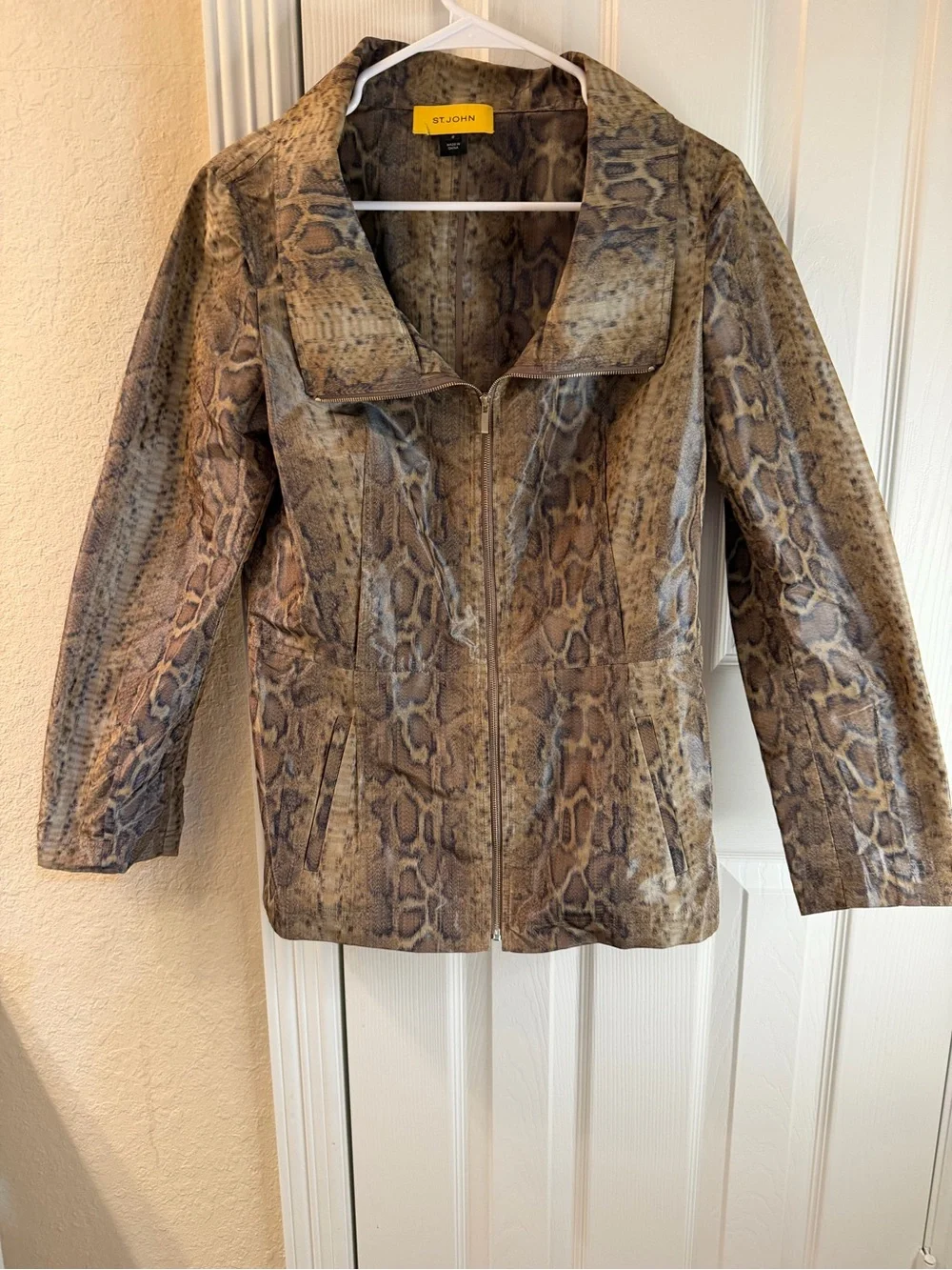 St. John Brown Snake-Print Leather Zip Jacket - Picture 3 of 10